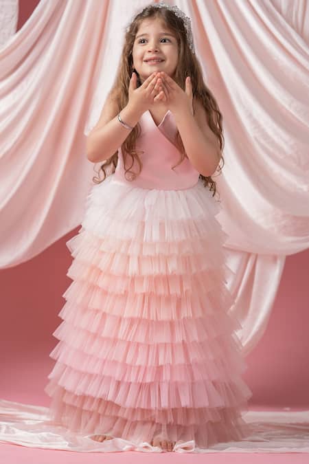 Shop Darleen Kids Couture Pink Satin, Net, Taffeta, Chiffon Birthday Gown at Aza Fashions Shop_Darleen Kids Couture_Pink Satin, Net, Taffeta, Chiffon Birthday Gown _at_Aza_Fashions