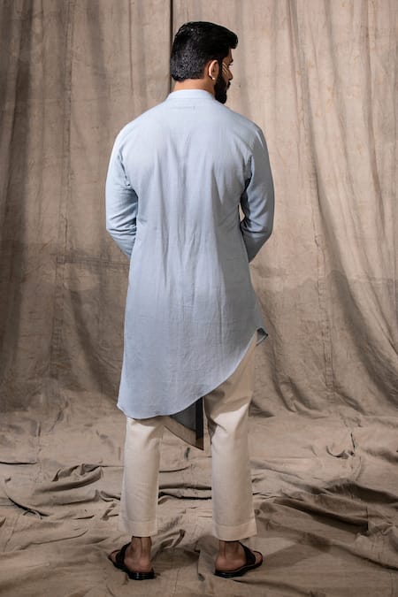Shop Shreyansh Designs Blue Cotton Linen Blend Solid Asymmetric Kurta at Aza Fashions Shop_Shreyansh Designs_Blue Cotton Linen Blend Solid Asymmetric Kurta _at_Aza_Fashions