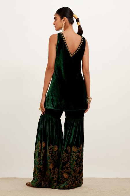 Shop Devnaagri Green Velvet And Organza Silk Floral V Neck Embroidered Sharara Set at Aza Fashions Shop_Devnaagri_Green Velvet And Organza Silk Floral V Neck Embroidered Sharara Set _at_Aza_Fashions