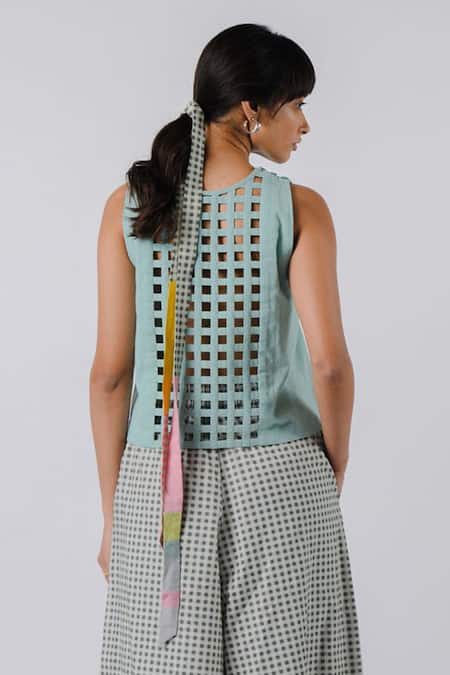 Shop Tussah By Siddhi Shah Green Cotton Round Neck Crop Top at Aza Fashions Shop_Tussah By Siddhi Shah_Green Cotton Round Neck Crop Top _at_Aza_Fashions