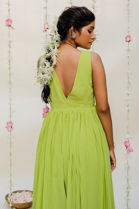 Redpine Designs Green Halter Neck Hand Embroidered Jumpsuit For Kids