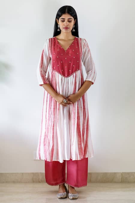 Shop Cupid Cotton Red Silk, Cotton Embroidery V-neck Yoke Kurta And Flared Pant Set at Aza Fashions Shop_Cupid Cotton_Red Silk, Cotton Embroidery V-neck Yoke Kurta And Flared Pant Set _at_Aza_Fashions