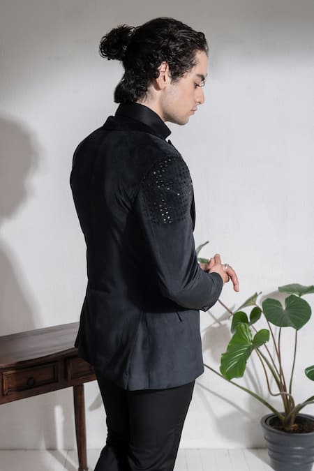 Shop Abkasa Black Velvet, Terrycloth Beads Old Harry Embroidered Coat And Trouser Set at Aza Fashions Shop_Abkasa_Black Velvet, Terrycloth Beads Old Harry Embroidered Coat And Trouser Set _at_Aza_Fashions