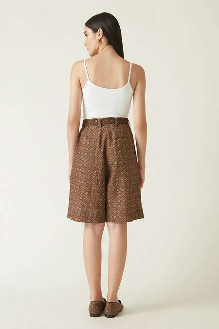 Shop Payal Pratap Brown Cupro Muga Silk Printed Floral Dempo Shorts at Aza Fashions Shop_Payal Pratap_Brown Cupro Muga Silk Printed Floral Dempo Shorts _at_Aza_Fashions