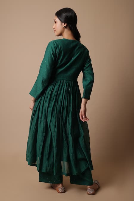 Shop_Rhua_Green Chanderi, Cotton, Silk Mirrors, Embroidery Nitya Anarkali And Pant Set _at_Aza_Fashions