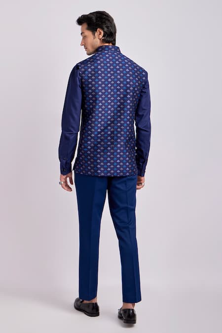 Shop Bubber Couture Blue Silk Embroidery Cobalt Motif Print Bundi Jacket at Aza Fashions Shop_Bubber Couture_Blue Silk Embroidery Cobalt Motif Print Bundi Jacket _at_Aza_Fashions