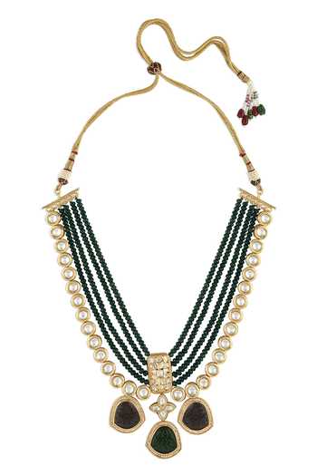 Shop Joules by Radhika Green Agate, Kundan Polki, Hydro Stones Multi Layered Carved Necklace at Aza Fashions Shop_Joules by Radhika_Green Agate, Kundan Polki, Hydro Stones Multi Layered Carved Necklace_at_Aza_Fashions