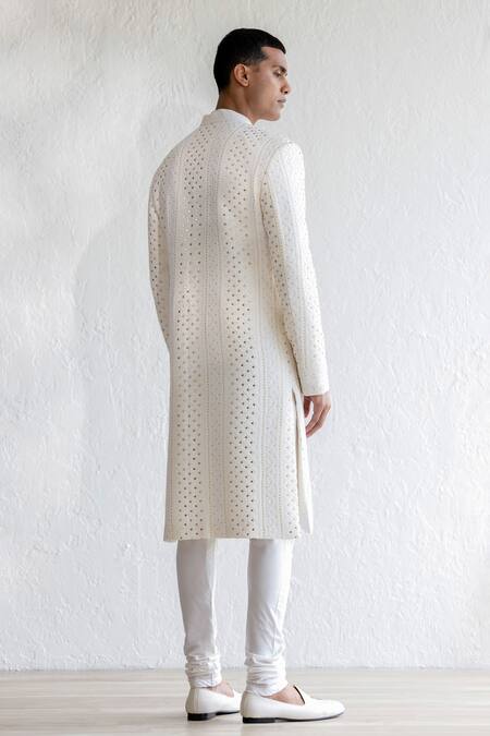 Shop_Qbik_Ivory Sherwani Lucknawi Embroidered Georgette Mukaish Jazam Set_at_Aza_Fashions