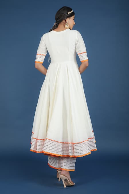 Shop_Pomcha Jaipur_Off White Cotton, Silk, Net Embroidery, Tassels V-neck Angrakha Pant Set _at_Aza_Fashions