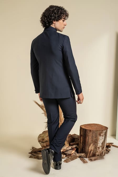 Shop Abkasa Blue Terrycloth Embroidery Gibraltar Asymmetric Bandhgala And Trouser Set at Aza Fashions Shop_Abkasa_Blue Terrycloth Embroidery Gibraltar Asymmetric Bandhgala And Trouser Set _at_Aza_Fashions