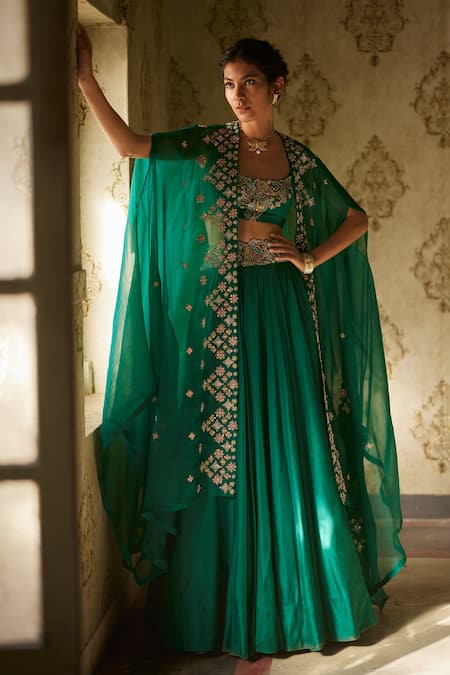 Mrunalini Rao Green Silk Embroidery, Zari Scoop Neck Floral Cape Lehenga Set Online at Aza Fashions Mrunalini Rao_Green Silk Embroidery, Zari Scoop Neck Floral Cape Lehenga Set _Online_at_Aza_Fashions