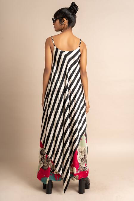 Shop_Nupur Kanoi_Magenta Satin Digital Print Striped And Floral Singlet Top & Skirt Set  _at_Aza_Fashions