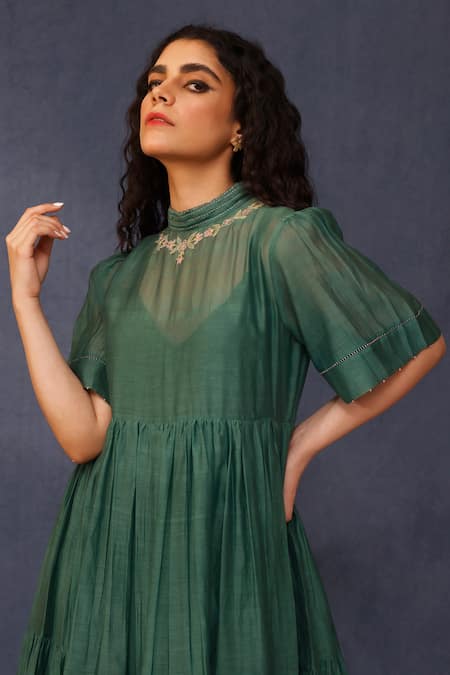 Shop_Chokhi Chorri_Green Cotton Embroidery Round Neck Mona Malai Gathered Dress _at_Aza_Fashions
