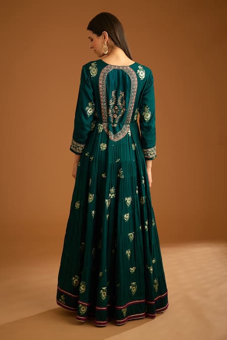 Shop Shyam Narayan Prasad Green Cotton Satin, Viscose, Organza, Zardozi Work Tiered Anarkali Trouser Set at Aza Fashions Shop_Shyam Narayan Prasad_Green Cotton Satin, Viscose, Organza, Zardozi Work Tiered Anarkali Trouser Set _at_Aza_Fashions