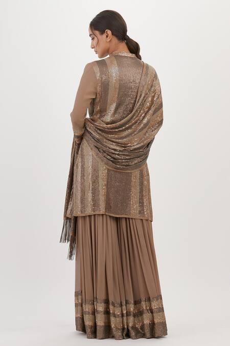 Shop Nakul Sen Grey Chiffon Sequins, Embroidery Mandarin Collar Kurta Sharara Set at Aza Fashions Shop_Nakul Sen_Grey Chiffon Sequins, Embroidery Mandarin Collar Kurta Sharara Set_at_Aza_Fashions