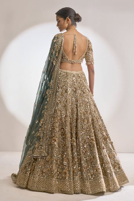 Seema Gujral_Gold Organza Zardozi Leaf Neck Embroidered Bridal Lehenga Set _Online_at_Aza_Fashions