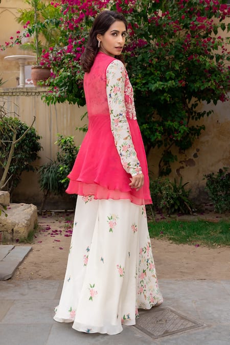 Shop_Suruchi Parakh_Off White Organza, Georgette Embroidery, Pearls Sleeveless Jacket Sharara Set _at_Aza_Fashions