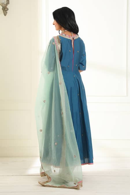 Shop Omana By Ranjana Bothra Blue Chanderi, Organza Embroidery, Beads V-neck Mastaani Anarkali Set at Aza Fashions Shop_Omana By Ranjana Bothra_Blue Chanderi, Organza Embroidery, Beads V-neck Mastaani Anarkali Set _at_Aza_Fashions