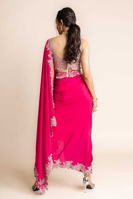 Shop_Nupur Kanoi_Fuchsia Crepe, Silk Placement Hand Embroidered Pre-draped Saree With Blouse _at_Aza_Fashions