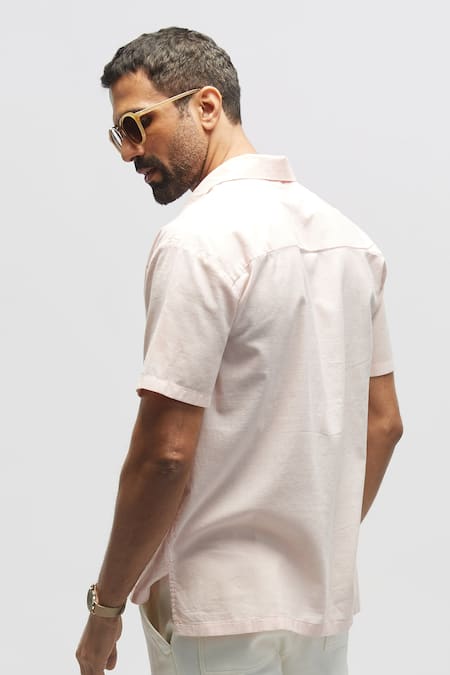 Shop Terra Luna Pink 100% Organic Handloom Cotton Beach Shirt at Aza Fashions Shop_Terra Luna_Pink 100% Organic Handloom Cotton Beach Shirt _at_Aza_Fashions