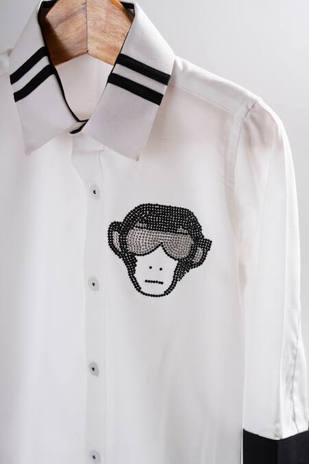 Shop_Lil Angels_White Cotton Embroidery Monkey Embellished Shirt _at_Aza_Fashions
