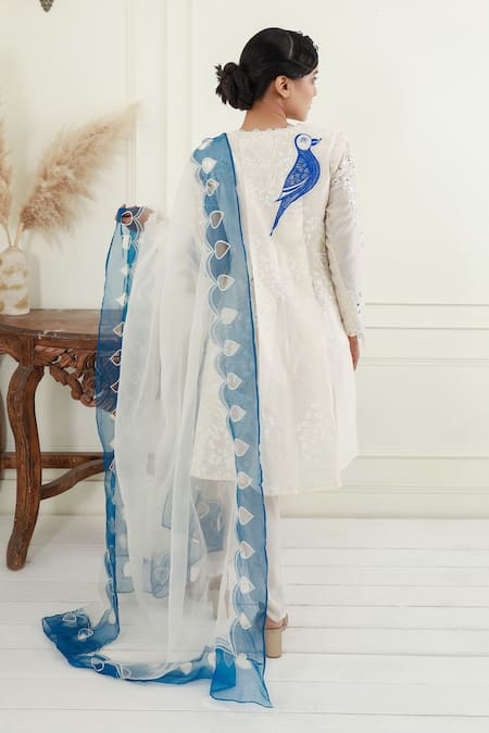 Shop_EK Soot_Off White Kurta  Chanderi Printed Floral Tie-up Neck Dhoti Pant Set _at_Aza_Fashions