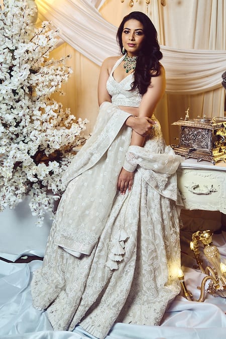 Shop Varun Chakkilam White Silk Organza Sequins, Beads, Embroidery V-neck Lotus Bridal Lehenga Set at Aza Fashions Shop_Varun Chakkilam_White Silk Organza Sequins, Beads, Embroidery V-neck Lotus Bridal Lehenga Set _at_Aza_Fashions