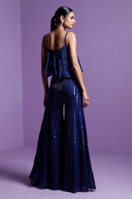 Shop Parul Gandhi Blue Satin, Organza, Cotton Sequins, Crystals Eclipse Embroidered Pant With Top at Aza Fashions Shop_Parul Gandhi_Blue Satin, Organza, Cotton Sequins, Crystals Eclipse Embroidered Pant With Top _at_Aza_Fashions