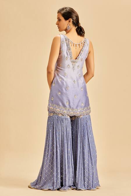 Shop Nitika Gujral Blue Kurta Raw Silk Embroidery Mukaish V Neck Floral Sharara Set at Aza Fashions Shop_Nitika Gujral_Blue Kurta Raw Silk Embroidery Mukaish V Neck Floral Sharara Set _at_Aza_Fashions