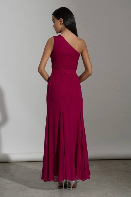 Shop_Amrta By Guneet Kondal_Pink Georgette, Viscose Asymmetric Jaislamer Dunes High Side Slit Gown_at_Aza_Fashions