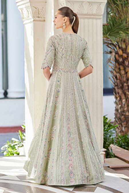 Shop Osaa By Adarsh Blue Tissue Embroidery Round Neck Linear Pattern Gown at Aza Fashions Shop_Osaa By Adarsh_Blue Tissue Embroidery Round Neck Linear Pattern Gown_at_Aza_Fashions