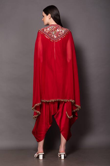 Shop_Vara By Vibha N Priti_Red Linen, Satin, Organza Embroidery, Sequins, Cowl Draped Jumpsuit With Cape _at_Aza_Fashions