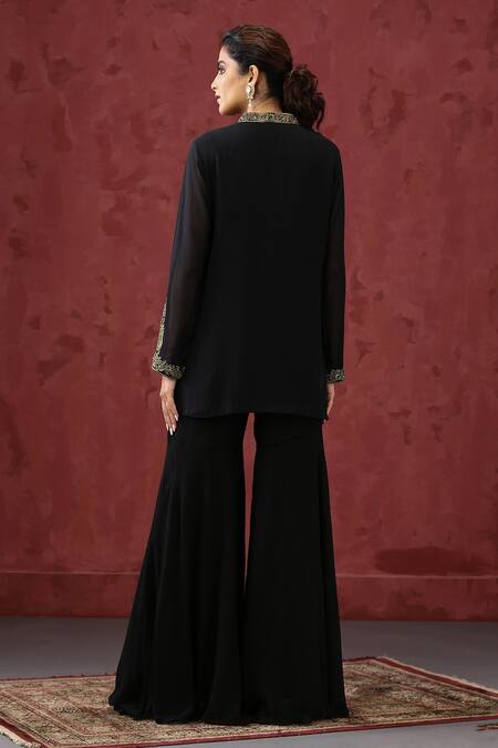Shop_Minaki_Black Georgette, Organza Beads, Stones, Embroidery, Lace, Zari Kurta Sharara Set _at_Aza_Fashions