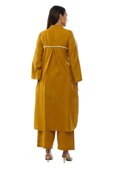 Shop Khat Yellow Handloom Cotton Collared Notched Kurta And Palazzo Set at Aza Fashions Shop_Khat_Yellow Handloom Cotton Collared Notched Kurta And Palazzo Set _at_Aza_Fashions