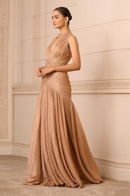 Tarun Tahiliani_Gold Crinkle Tulle Embellishment Crystals Halter Neck Gown _Online_at_Aza_Fashions