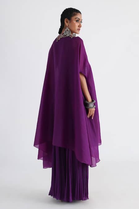 Shop Smriti By Anju Agarwal Purple Bamboo, Taffeta, Satin, Chiffon Rania Sharara Set With Scalloped Cape at Aza Fashions Shop_Smriti By Anju Agarwal_Purple Bamboo, Taffeta, Satin, Chiffon Rania Sharara Set With Scalloped Cape _at_Aza_Fashions