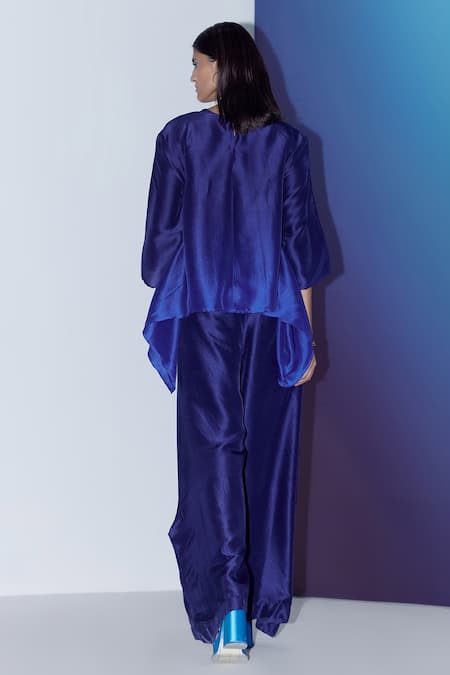 Shop Febo6 Blue Silk Embroidery Round Neck Ombre Thread Top at Aza Fashions Shop_Febo6_Blue Silk Embroidery Round Neck Ombre Thread Top _at_Aza_Fashions