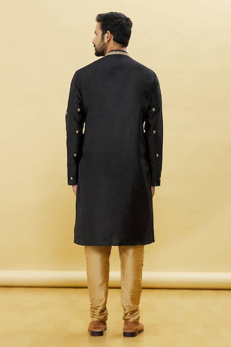 Shop Arihant Rai Sinha Black Silk Embroidery Straight Floral Kurta And Churidar Set at Aza Fashions Shop_Arihant Rai Sinha_Black Silk Embroidery Straight Floral Kurta And Churidar Set_at_Aza_Fashions