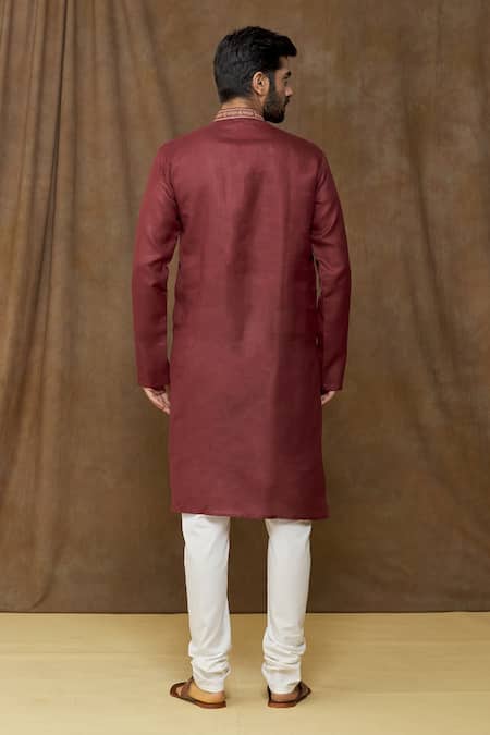 Shop Arihant Rai Sinha Wine Linen, Cotton Embroidery Placket Dark Kurta at Aza Fashions Shop_Arihant Rai Sinha_Wine Linen, Cotton Embroidery Placket Dark Kurta _at_Aza_Fashions