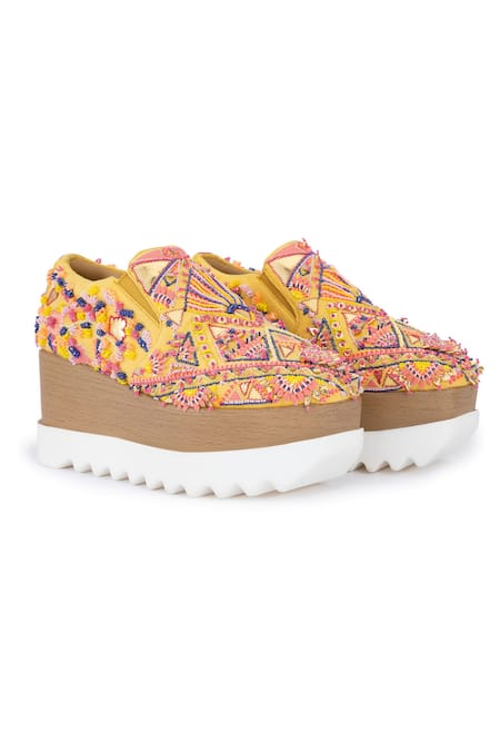 Anaar_Yellow Kaleidoscope Embroidered Sneaker Wedges _Online_at_Aza_Fashions
