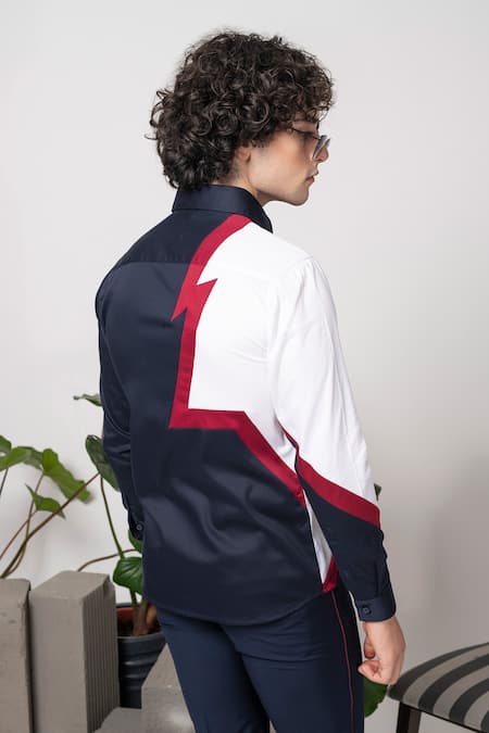 Shop Abkasa Blue Cotton Embroidery Star Slim Fit Shirt at Aza Fashions Shop_Abkasa_Blue Cotton Embroidery Star Slim Fit Shirt _at_Aza_Fashions