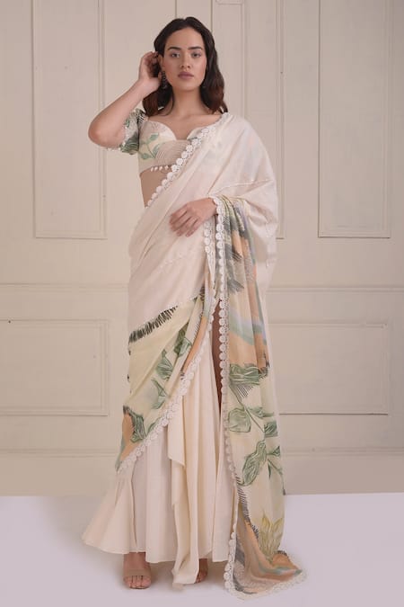 Shop_Shwetanga_Ivory Cotton Pearls, Lace Sweetheart Neck Organic Pre-draped Saree With Blouse _at_Aza_Fashions