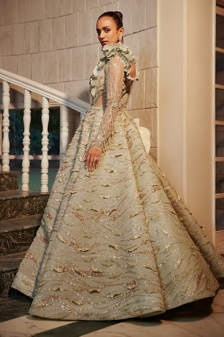 Shop Adaara Couture Green Silk, Net Sequins, Beads, Tassels V-neck Hand Embroidered Gown at Aza Fashions Shop_Adaara Couture_Green Silk, Net Sequins, Beads, Tassels V-neck Hand Embroidered Gown _at_Aza_Fashions