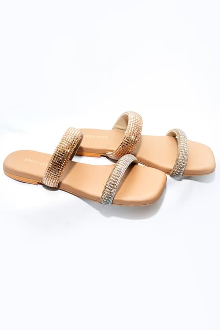 Shop Foot Fuel Cream Zeve Rhinestone Embellished Strappy Flats at Aza Fashions Shop_Foot Fuel_Cream Zeve Rhinestone Embellished Strappy Flats _at_Aza_Fashions