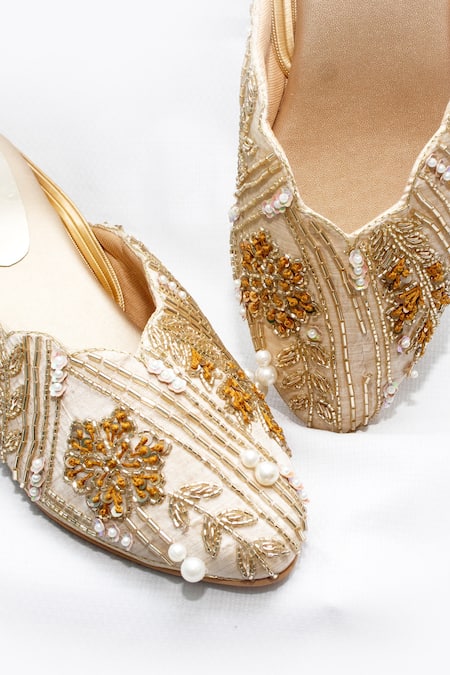 Shop Foot Fuel Gold Embroidery Rohu Mule Heels at Aza Fashions Shop_Foot Fuel_Gold Embroidery Rohu Mule Heels _at_Aza_Fashions
