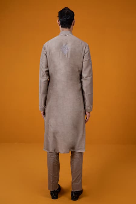 Shop_Wabi Sabi By Anshum-Ritesh_Beige Chanderi Sequins Floral Jacobean Kurta Set _at_Aza_Fashions