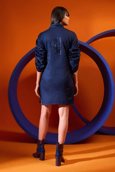 Shop The Dramebaaz CO Blue Cotton Embroidery Collared Jay Gathered Sleeve Dress at Aza Fashions Shop_The Dramebaaz CO_Blue Cotton Embroidery Collared Jay Gathered Sleeve Dress _at_Aza_Fashions