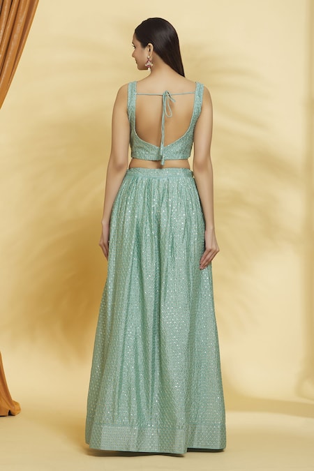 Naintara Bajaj Green Chiffon Sequins V-neck Embellished Lehenga Set Online at Aza Fashions Naintara Bajaj_Green Chiffon Sequins V-neck Embellished Lehenga Set _Online_at_Aza_Fashions