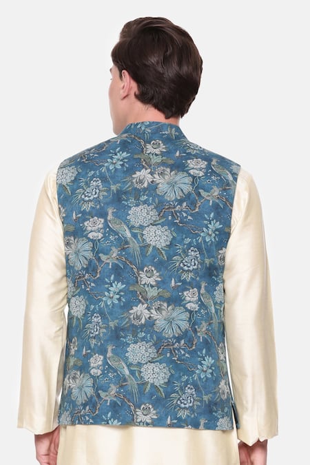 Mayank Modi - Men Botanical Print Blue Bundi 