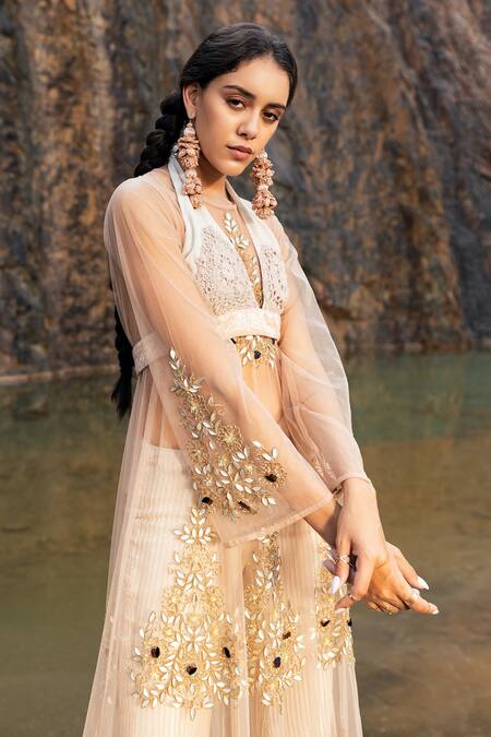 Shop_Nandita Thirani_Peach Tulle Embroidery Floral Motifs Overlay Sheer And Bell Bottom Set  _at_Aza_Fashions